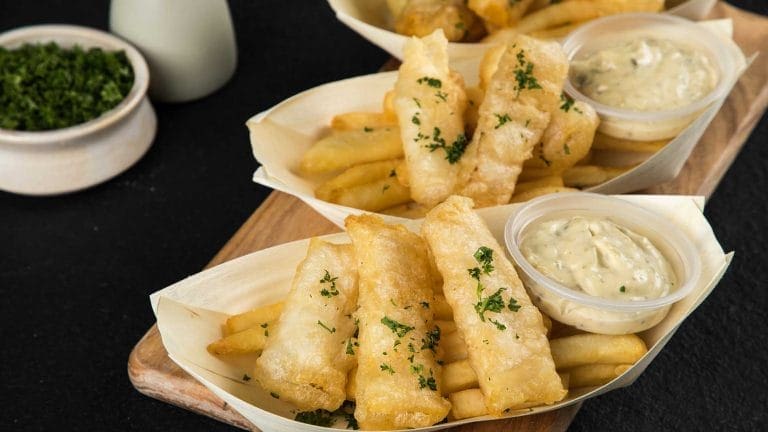 Image of the fish and chips dished up